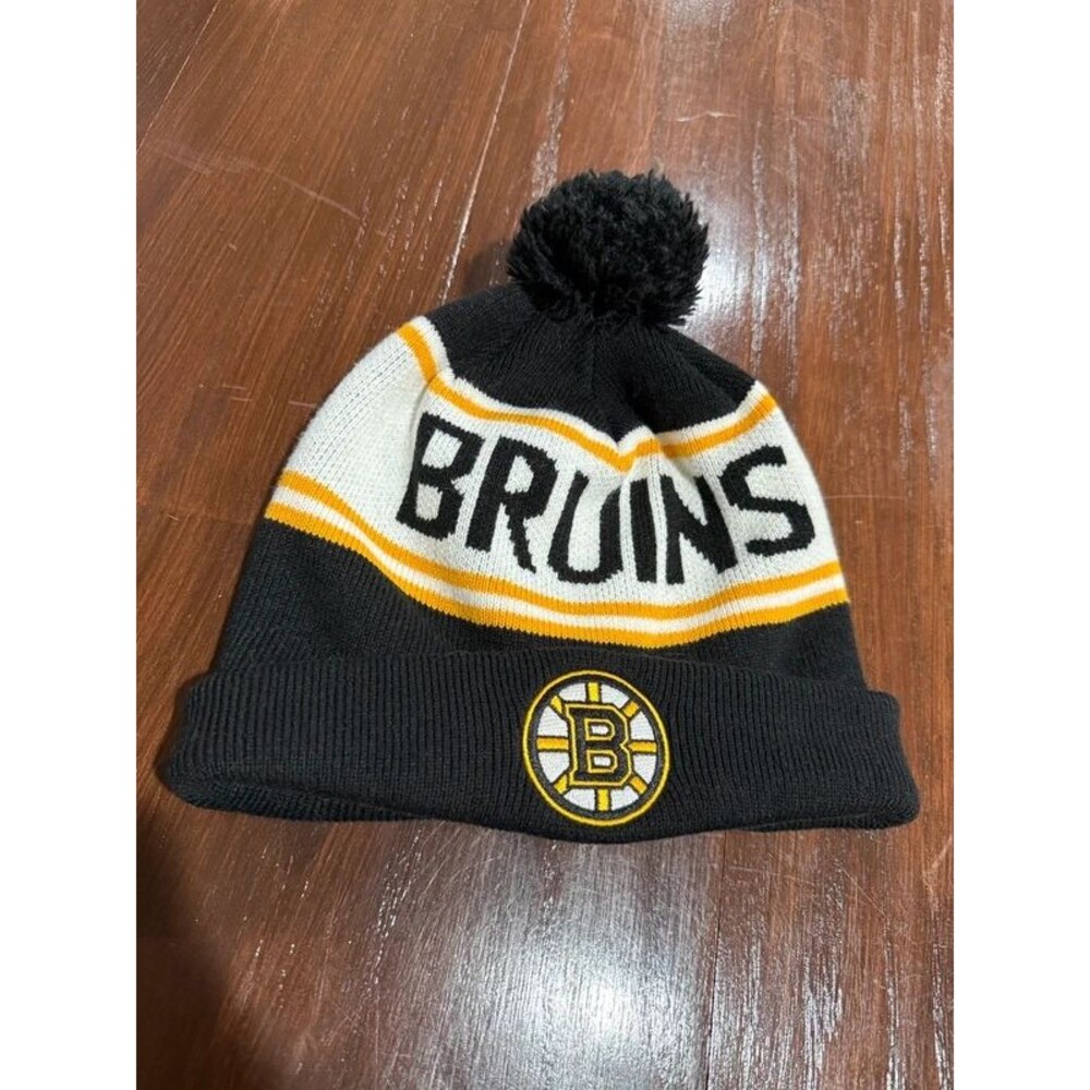Boston Bruins NHL Pom Beanie Hat Black Gold White Cuffed Knit Embroidered Logo